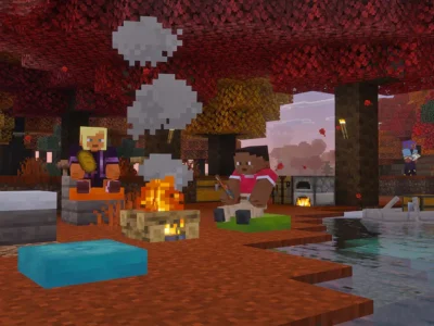 Jogadores acampam no Dappled Forest de Minecraft com camas de palha, almofadas e fogueira.
