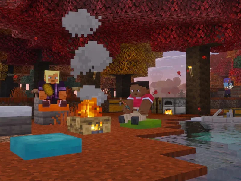 Jogadores acampam no Dappled Forest de Minecraft com camas de palha, almofadas e fogueira.