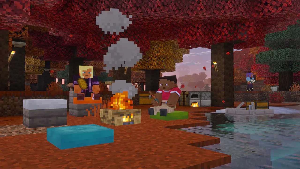 Jogadores acampam no Dappled Forest de Minecraft com camas de palha, almofadas e fogueira. Jogadores acampam no Dappled Forest de Minecraft com camas de palha, almofadas e fogueira.