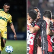 Jogador do Mirassol e elenco do Vitória antes do confronto pelo Brasileirão