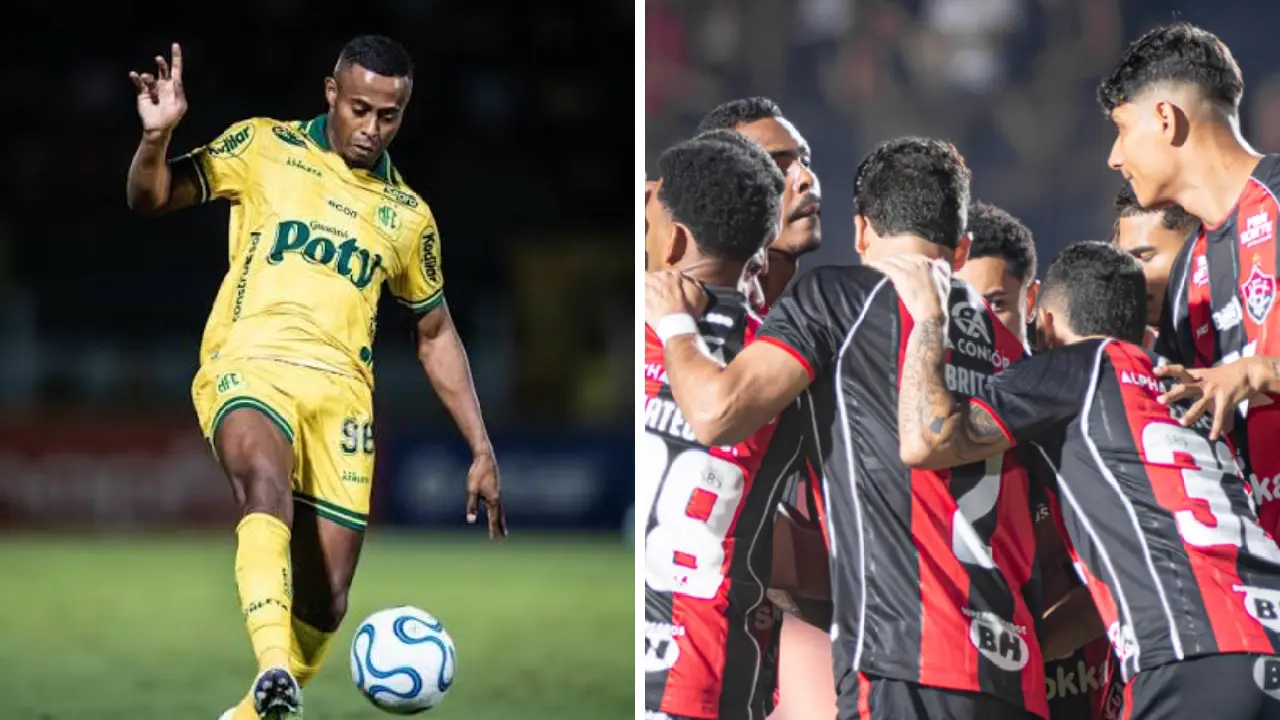 Jogador do Mirassol e elenco do Vitória antes do confronto pelo Brasileirão Jogador do Mirassol e elenco do Vitória antes do confronto pelo Brasileirão