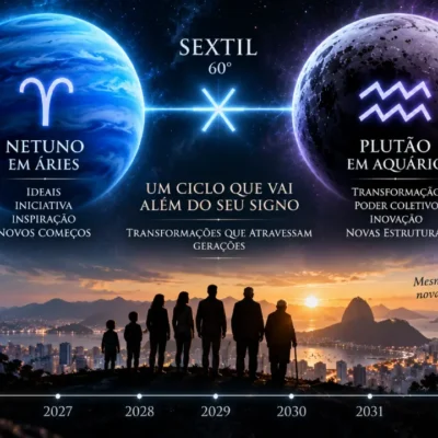 Netuno em Áries e Plutão em Aquário aparecem ligados por um sextil de 60 graus sobre linha do tempo de 2026 a 2032