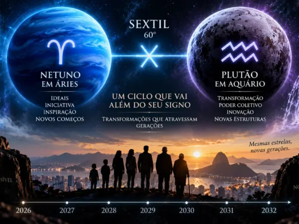 Netuno em Áries e Plutão em Aquário aparecem ligados por um sextil de 60 graus sobre linha do tempo de 2026 a 2032