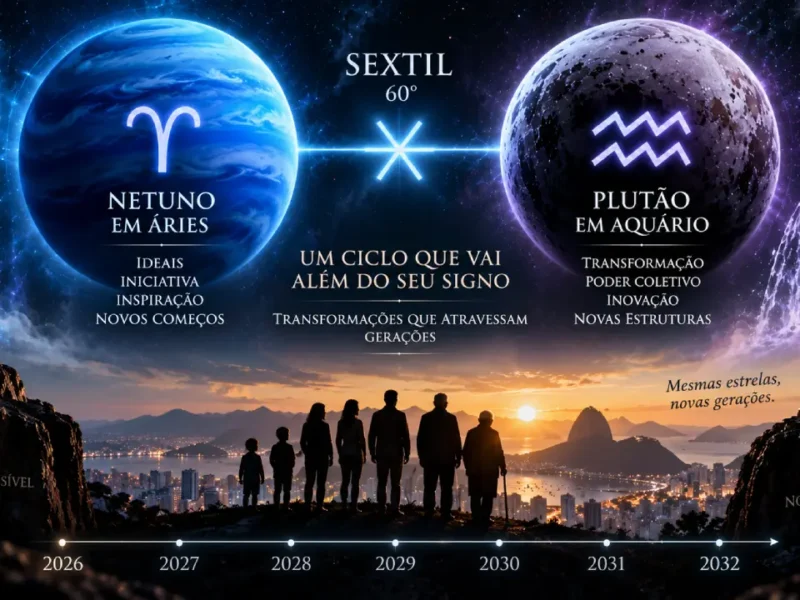 Netuno em Áries e Plutão em Aquário aparecem ligados por um sextil de 60 graus sobre linha do tempo de 2026 a 2032