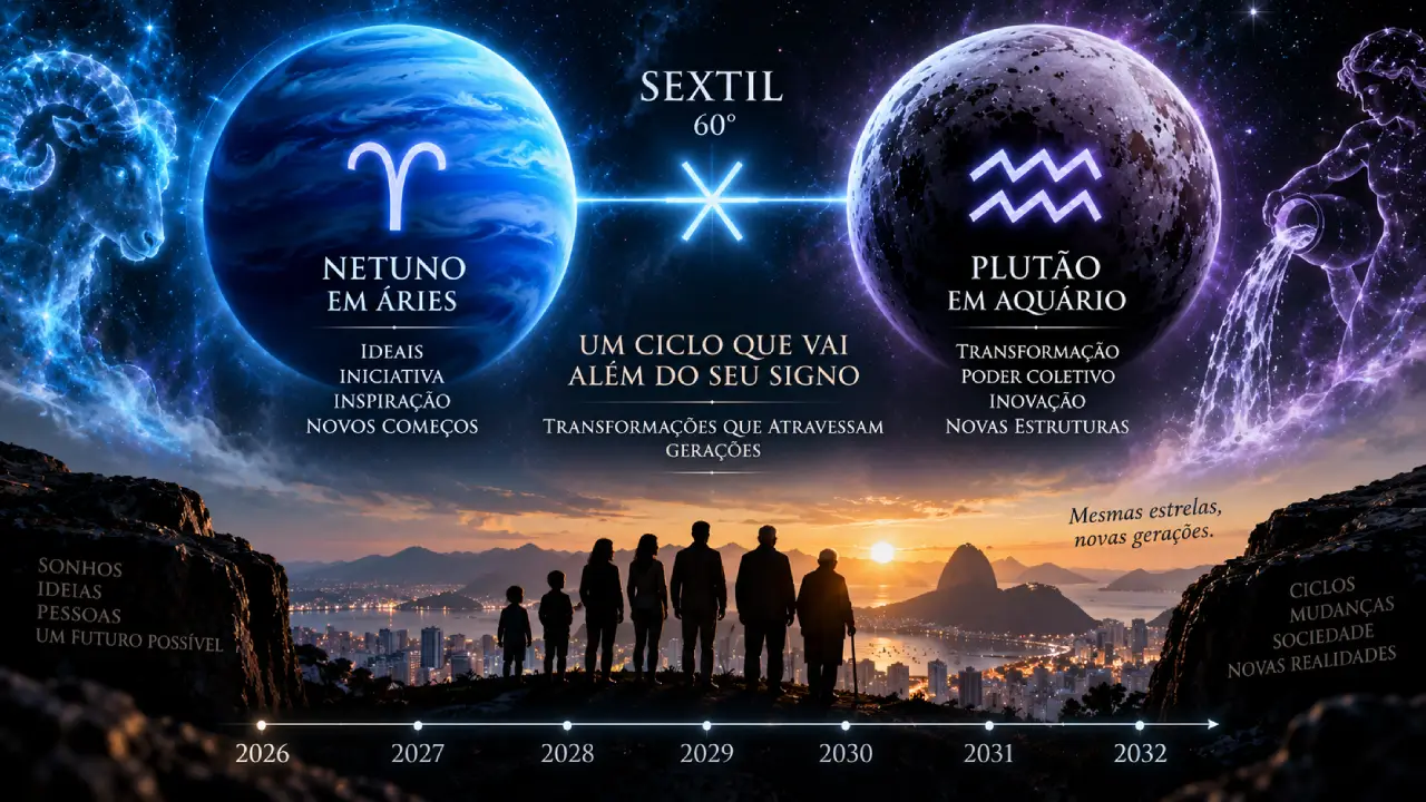 Netuno em Áries e Plutão em Aquário aparecem ligados por um sextil de 60 graus sobre linha do tempo de 2026 a 2032 Netuno em Áries e Plutão em Aquário aparecem ligados por um sextil de 60 graus sobre linha do tempo de 2026 a 2032