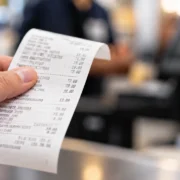 Pessoa segura uma nota fiscal em frente ao caixa de um mercado
