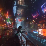 Cidade cyberpunk de Nivalis Nights durante a noite
