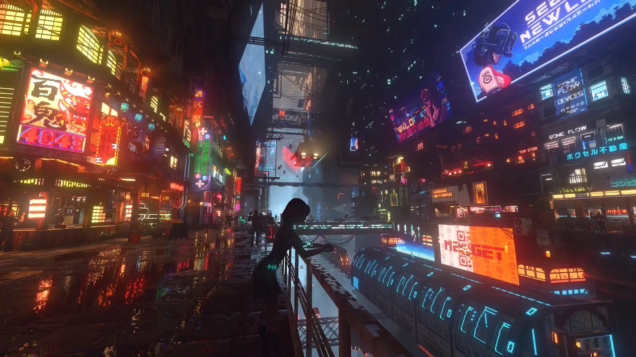 Cidade cyberpunk de Nivalis Nights durante a noite