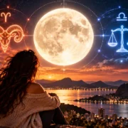 Mulher observa Lua Cheia em Áries sobre paisagem noturna, com Áries e Libra representando o eixo da lunação.