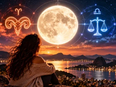 Mulher observa Lua Cheia em Áries sobre paisagem noturna, com Áries e Libra representando o eixo da lunação.
