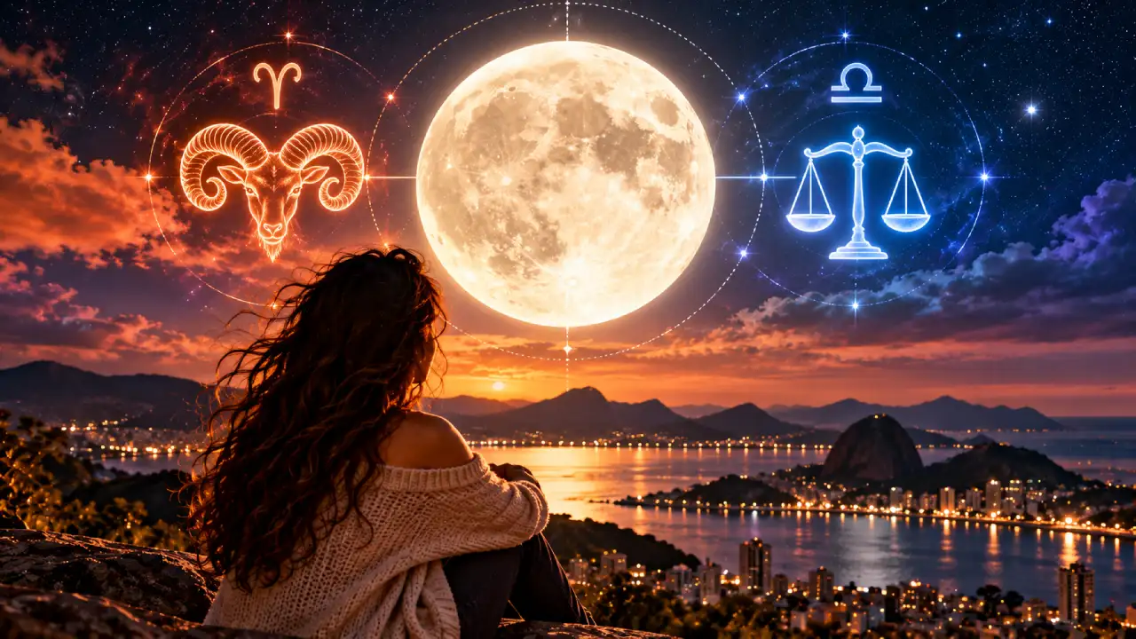 Mulher observa Lua Cheia em Áries sobre paisagem noturna, com Áries e Libra representando o eixo da lunação.