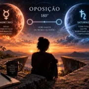 Mercúrio e Saturno aparecem em lados opostos de um eixo de 180 graus em ilustração que explica o significado da oposição na astrologia