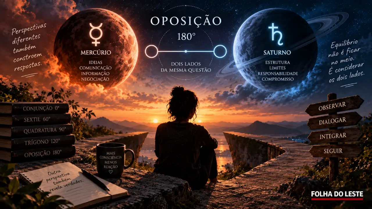 Mercúrio e Saturno aparecem em lados opostos de um eixo de 180 graus em ilustração que explica o significado da oposição na astrologia Mercúrio e Saturno aparecem em lados opostos de um eixo de 180 graus em ilustração que explica o significado da oposição na astrologia