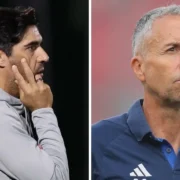 Abel Ferreira e técnico da LDU antes do confronto Palmeiras x LDU pelas quartas da Libertadores 2026