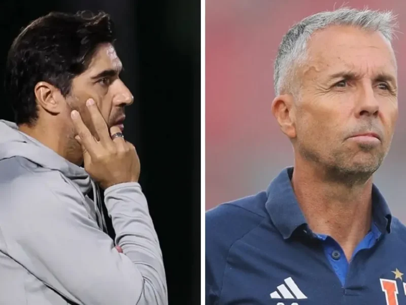 Abel Ferreira e técnico da LDU antes do confronto Palmeiras x LDU pelas quartas da Libertadores 2026