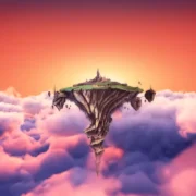 Ilha flutuante aparece entre as nuvens em Lufia I & II: The Sinistrals Saga.