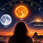 Mulher observa representações do Sol, da Lua e do Ascendente em um mapa astral.