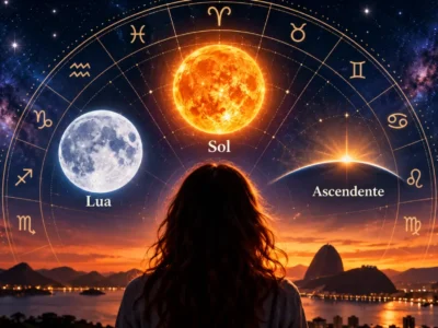 Mulher observa representações do Sol, da Lua e do Ascendente em um mapa astral.