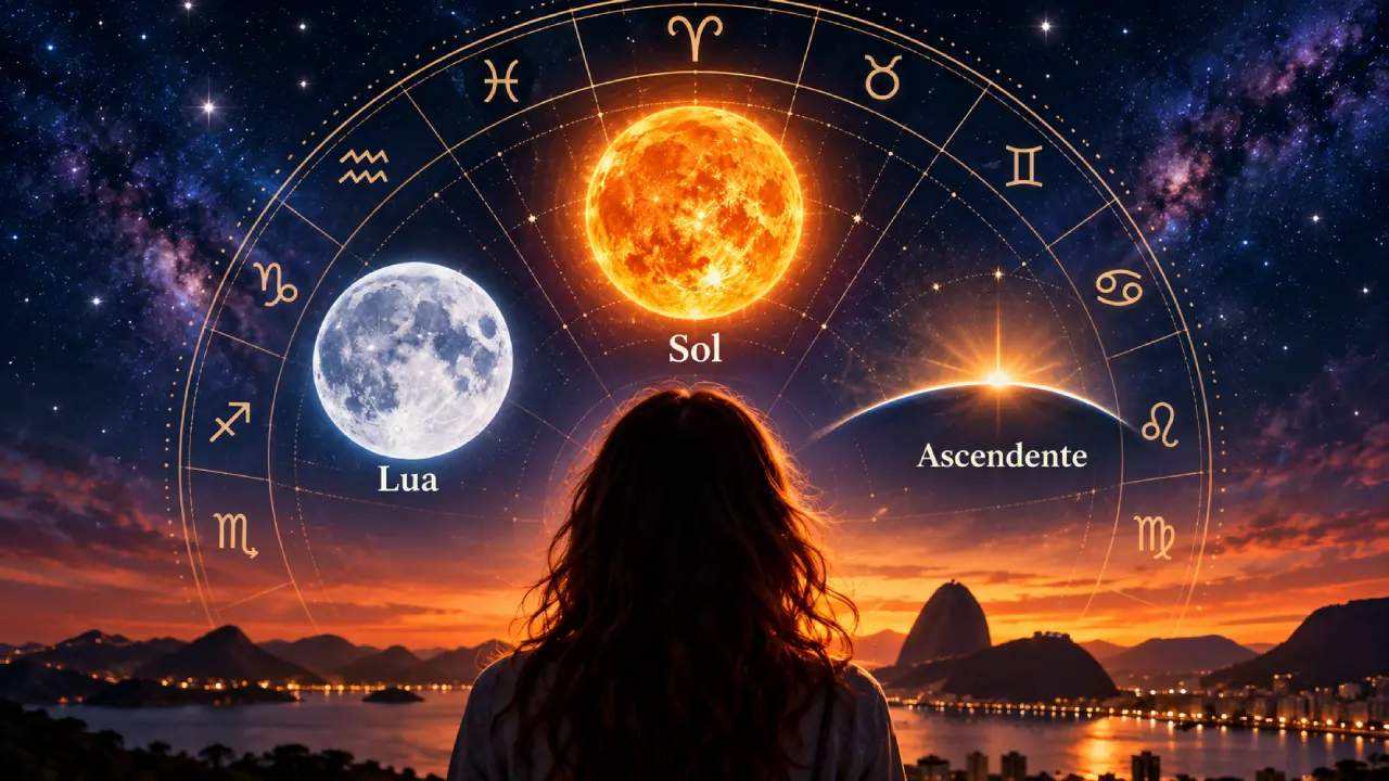 Mulher observa representações do Sol, da Lua e do Ascendente em um mapa astral.
