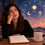 Mulher observa um mapa astral com Sol, Lua e Ascendente em ilustração sobre por que alguém pode não se identificar com o próprio signo