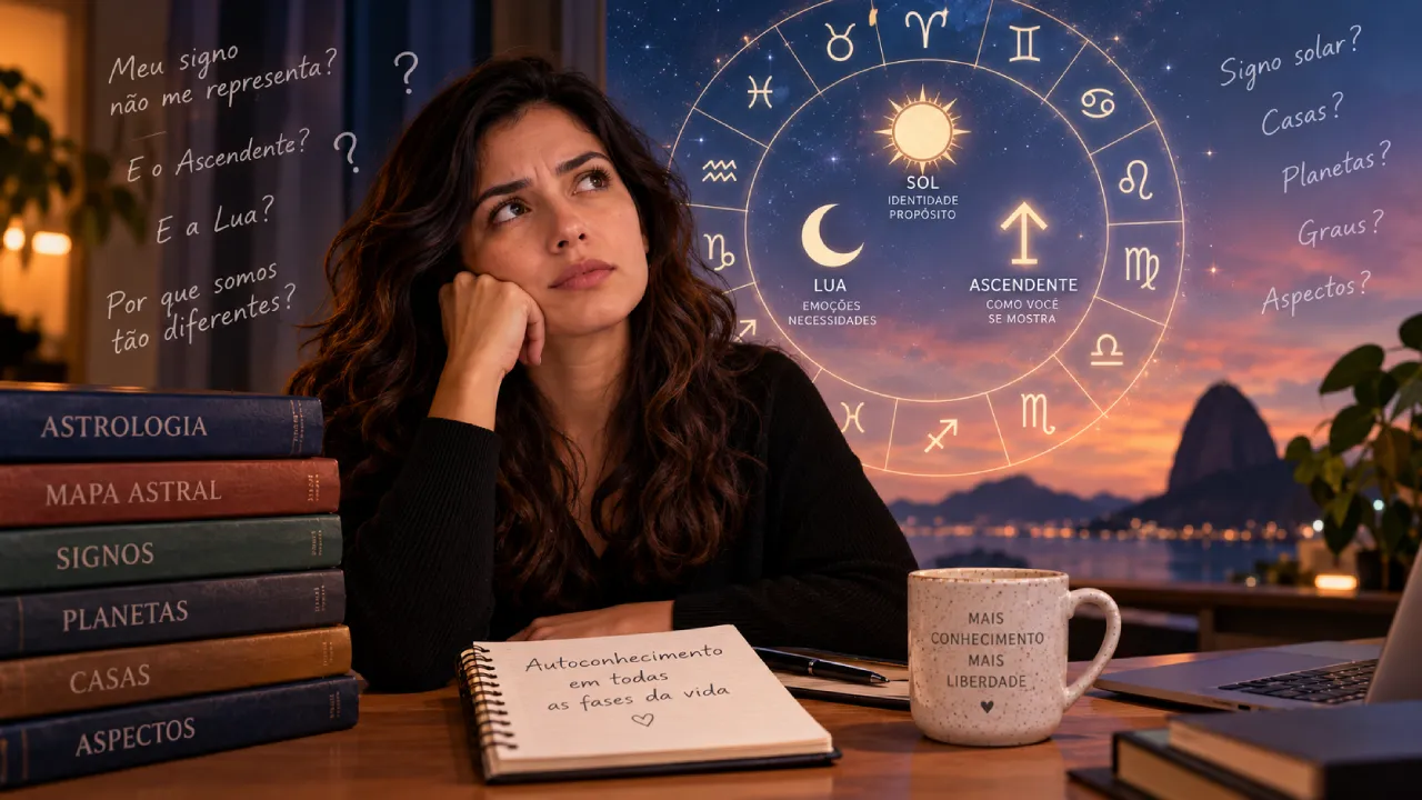 Mulher observa um mapa astral com Sol, Lua e Ascendente em ilustração sobre por que alguém pode não se identificar com o próprio signo