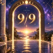 Portal luminoso com números 9/9 e 2026 em cenário místico, representando o significado do Portal 9/9 2026 na numerologia
