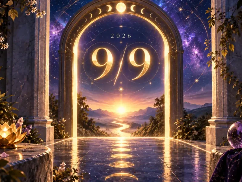 Portal luminoso com números 9/9 e 2026 em cenário místico, representando o significado do Portal 9/9 2026 na numerologia