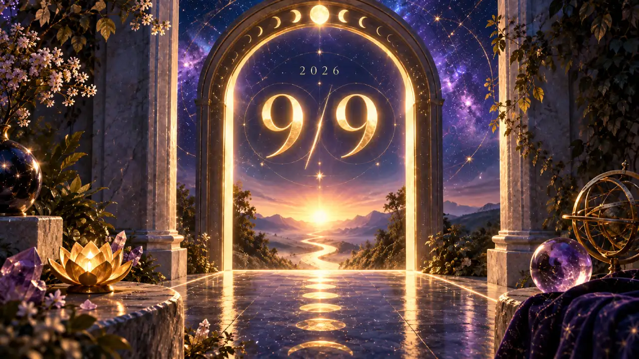 Portal luminoso com números 9/9 e 2026 em cenário místico, representando o significado do Portal 9/9 2026 na numerologia