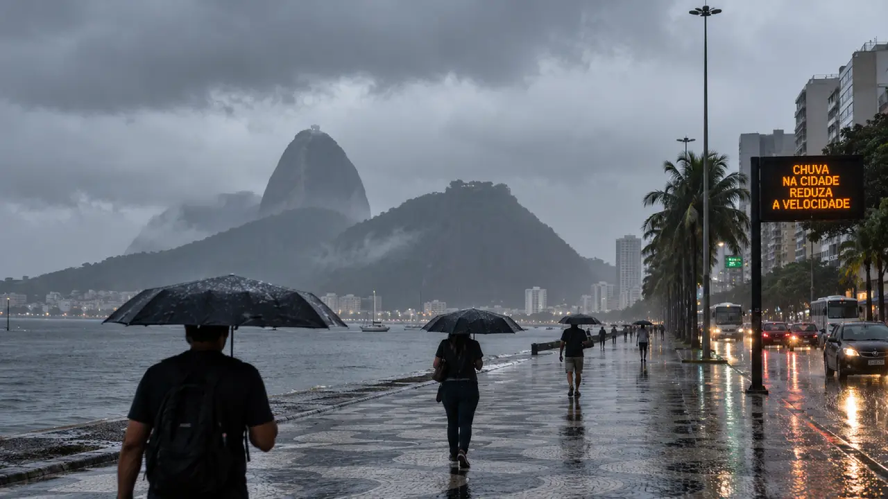 Chuva forte atinge o Rio de Janeiro com Pão de Açúcar encoberto por nuvens