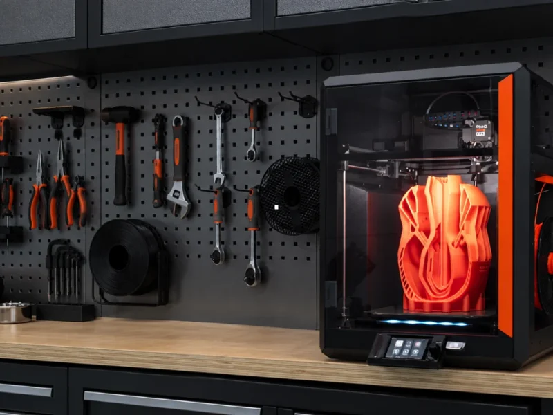 Impressora 3D em bancada maker com peça laranja em impressão