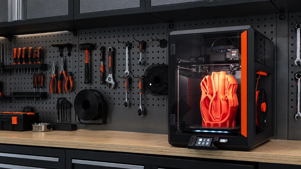 Impressora 3D em bancada maker com peça laranja em impressão