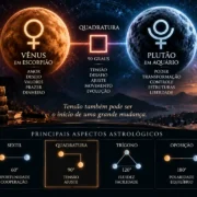 Vênus em Escorpião e Plutão em Aquário formam quadratura de 90 graus em infográfico sobre aspectos astrológicos