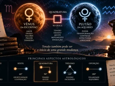 Vênus em Escorpião e Plutão em Aquário formam quadratura de 90 graus em infográfico sobre aspectos astrológicos