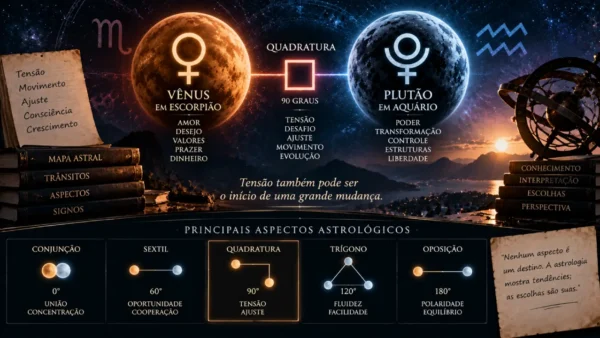 Vênus em Escorpião e Plutão em Aquário formam quadratura de 90 graus em infográfico sobre aspectos astrológicos