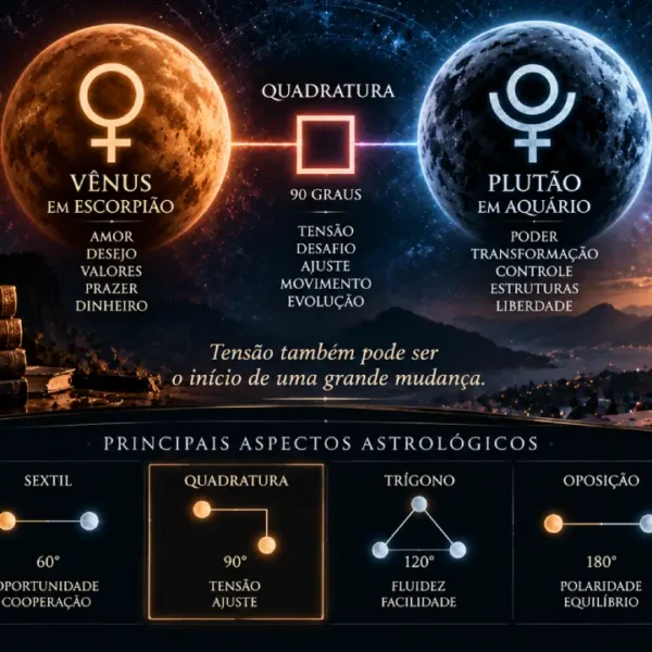 Vênus em Escorpião e Plutão em Aquário formam quadratura de 90 graus em infográfico sobre aspectos astrológicos