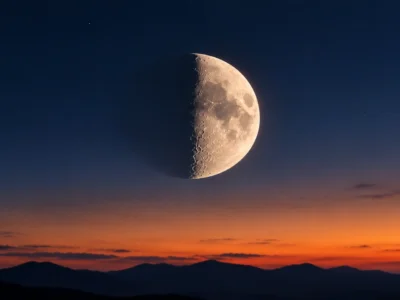 Lua em fase crescente aparece no céu ao entardecer sobre o horizonte de montanhas.