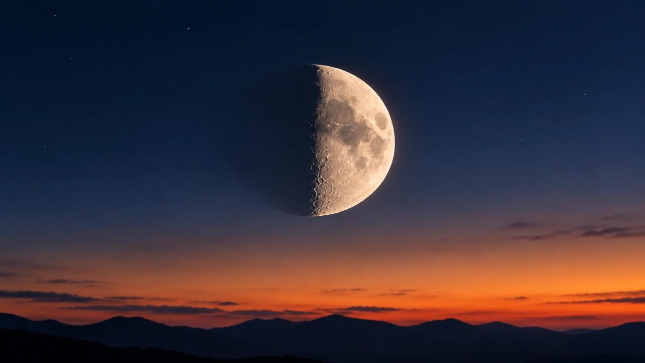 Lua em fase crescente aparece no céu ao entardecer sobre o horizonte de montanhas. Lua em fase crescente aparece no céu ao entardecer sobre o horizonte de montanhas.