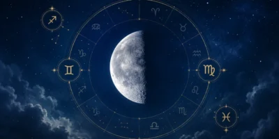 Lua no quarto minguante de setembro de 2026 com Gêmeos e Virgem representados no zodíaco