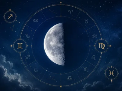 Lua no quarto minguante de setembro de 2026 com Gêmeos e Virgem representados no zodíaco
