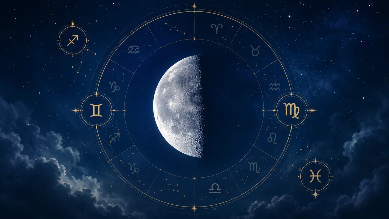 Lua no quarto minguante de setembro de 2026 com Gêmeos e Virgem representados no zodíaco Lua no quarto minguante de setembro de 2026 com Gêmeos e Virgem representados no zodíaco