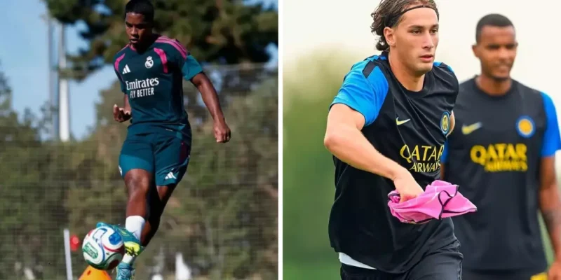 Jogadores de Real Madrid e Inter de Milão durante preparação para estreia na Champions League