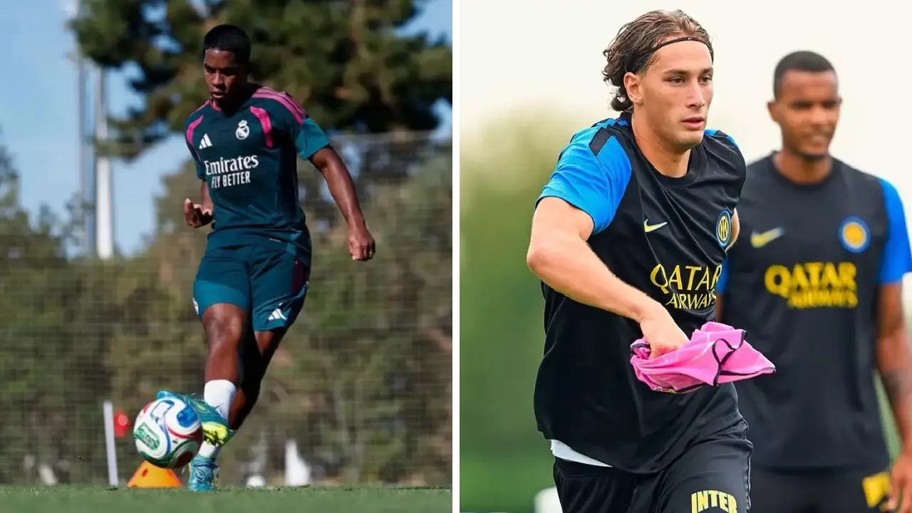 Jogadores de Real Madrid e Inter de Milão durante preparação para estreia na Champions League
