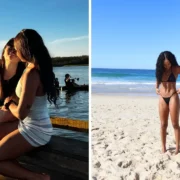 Montagem reúne duas mulheres juntas à beira d'água e registro de uma delas em uma praia