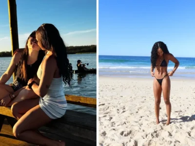Montagem reúne duas mulheres juntas à beira d'água e registro de uma delas em uma praia