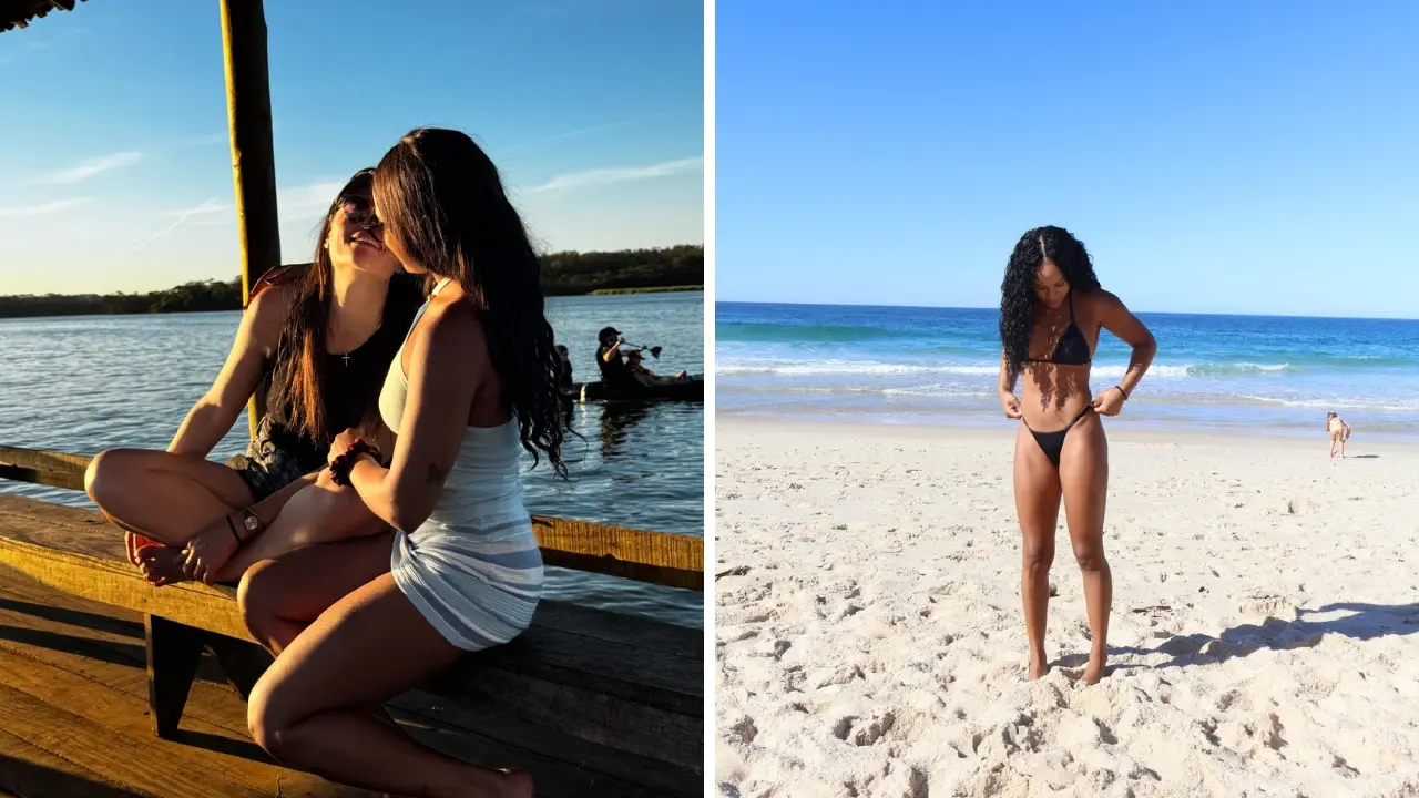Montagem reúne duas mulheres juntas à beira d'água e registro de uma delas em uma praia