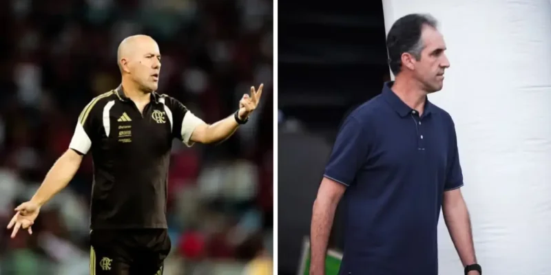 Leonardo Jardim e Léo Condé antes de Remo x Flamengo pela 26ª rodada do Brasileirão