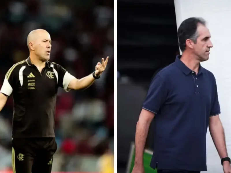 Leonardo Jardim e Léo Condé antes de Remo x Flamengo pela 26ª rodada do Brasileirão