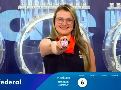 Garota da sorte exibe bola de número 6 no sorteio que formou o resultado completo d todos os prêmios do concurso 6099 da Loteria Federal, referente à Extração de quarta-feira, 09/09, com todas as dezenas de milhar do 1º, 2º, 3º, 4º, 5º prêmio, bem como premiações derivadas | Reprodução