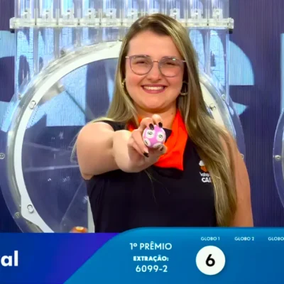 Garota da sorte exibe bola de número 6 no sorteio que formou o resultado completo d todos os prêmios do concurso 6099 da Loteria Federal, referente à Extração de quarta-feira, 09/09, com todas as dezenas de milhar do 1º, 2º, 3º, 4º, 5º prêmio, bem como premiações derivadas | Reprodução