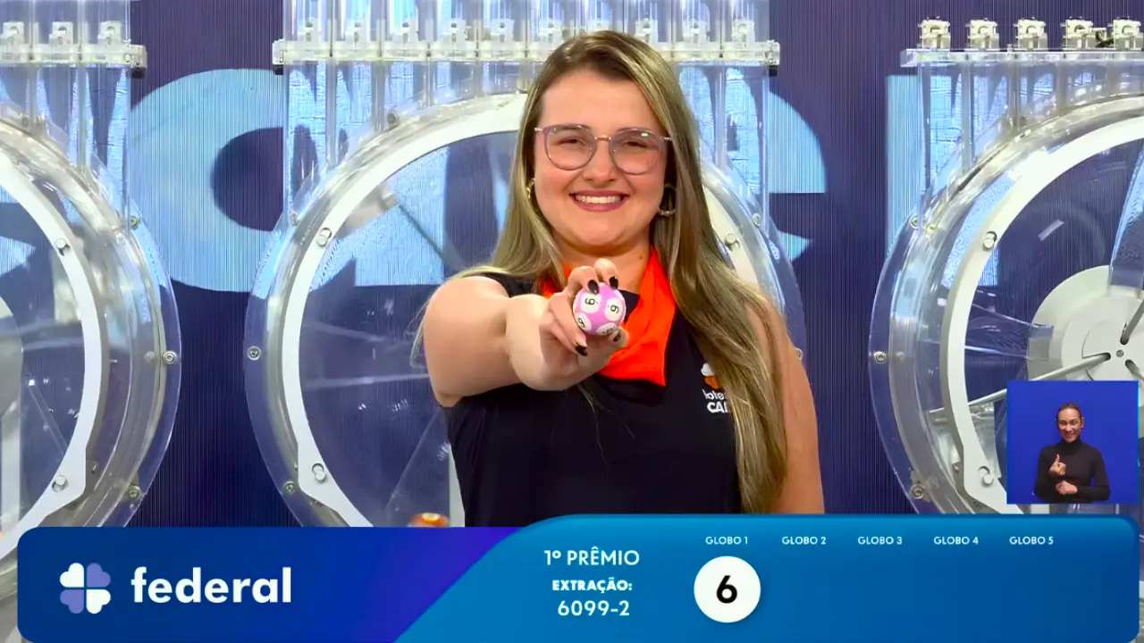 Garota da sorte exibe bola de número 6 no sorteio que formou o resultado completo d todos os prêmios do concurso 6099 da Loteria Federal, referente à Extração de quarta-feira, 09/09, com todas as dezenas de milhar do 1º, 2º, 3º, 4º, 5º prêmio, bem como premiações derivadas | Reprodução